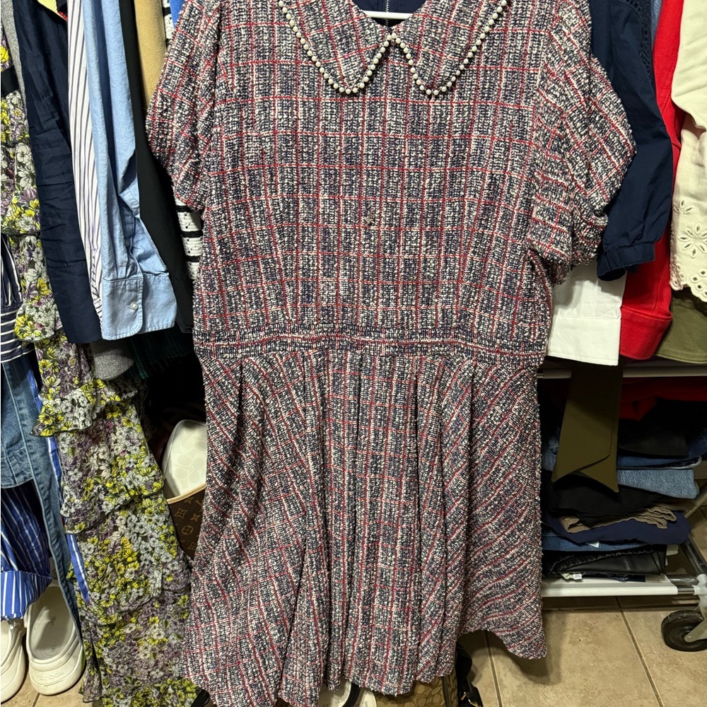 Ivy City Co Pink and Navy Tweed Pearl-Collar Midi Dress